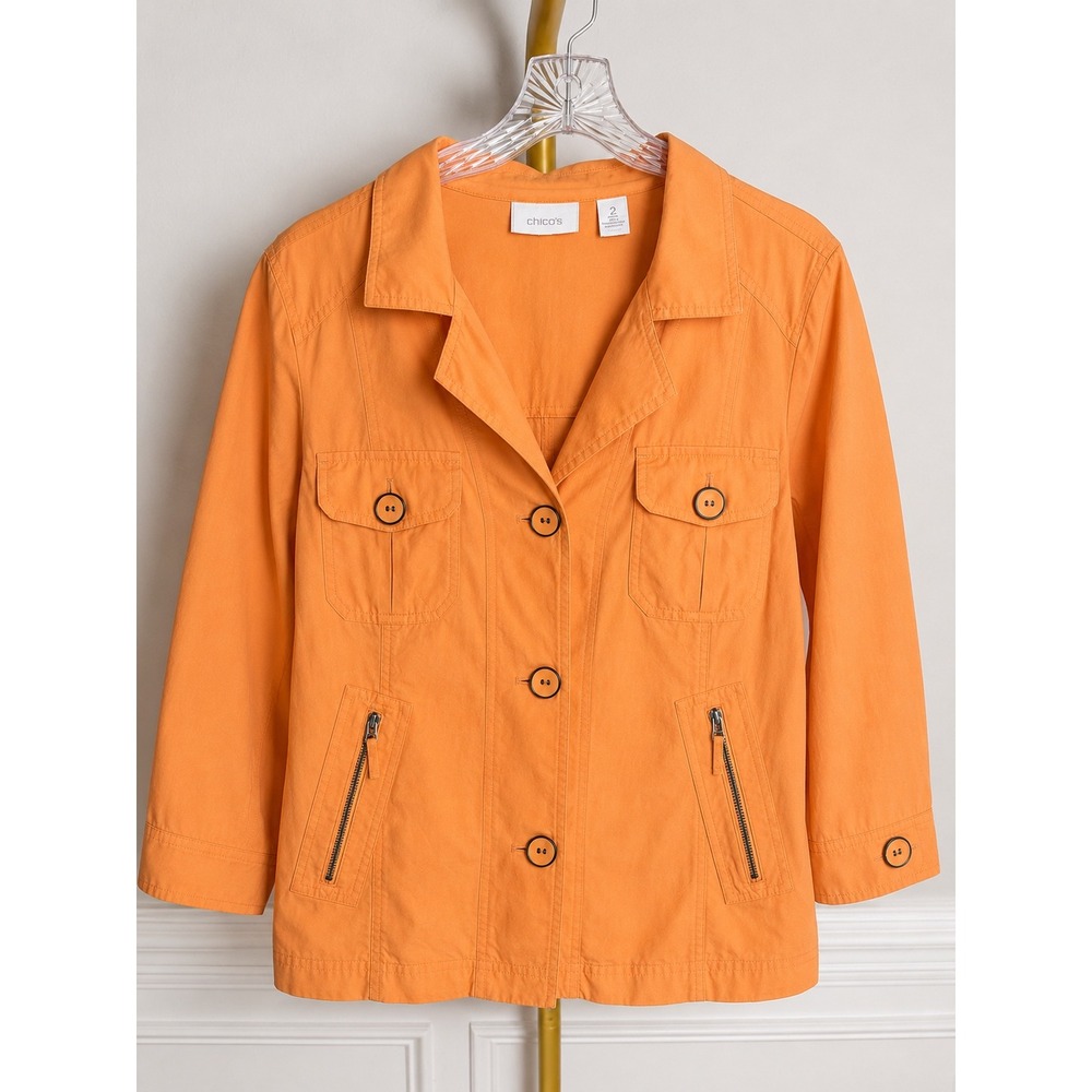 Chico's Orange Utility Safari Jacket Women's Size 2 100%‎ Cotton Button Front